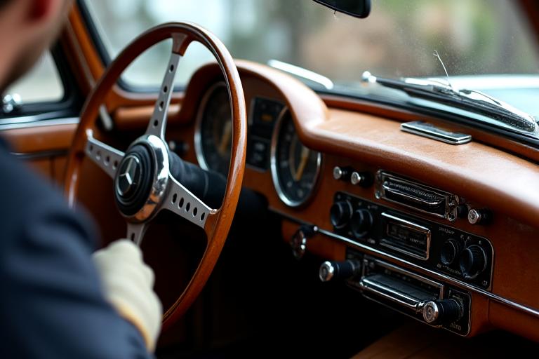 Vue en gros plan de détails intérieurs d'une voiture classique restaurée avec élégance.