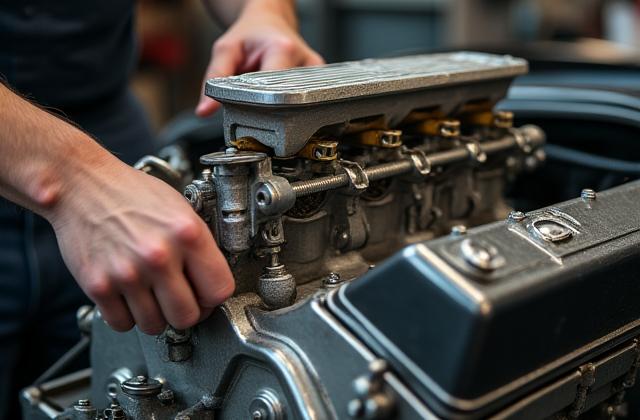 Travail minutieux sur un moteur de voiture classique